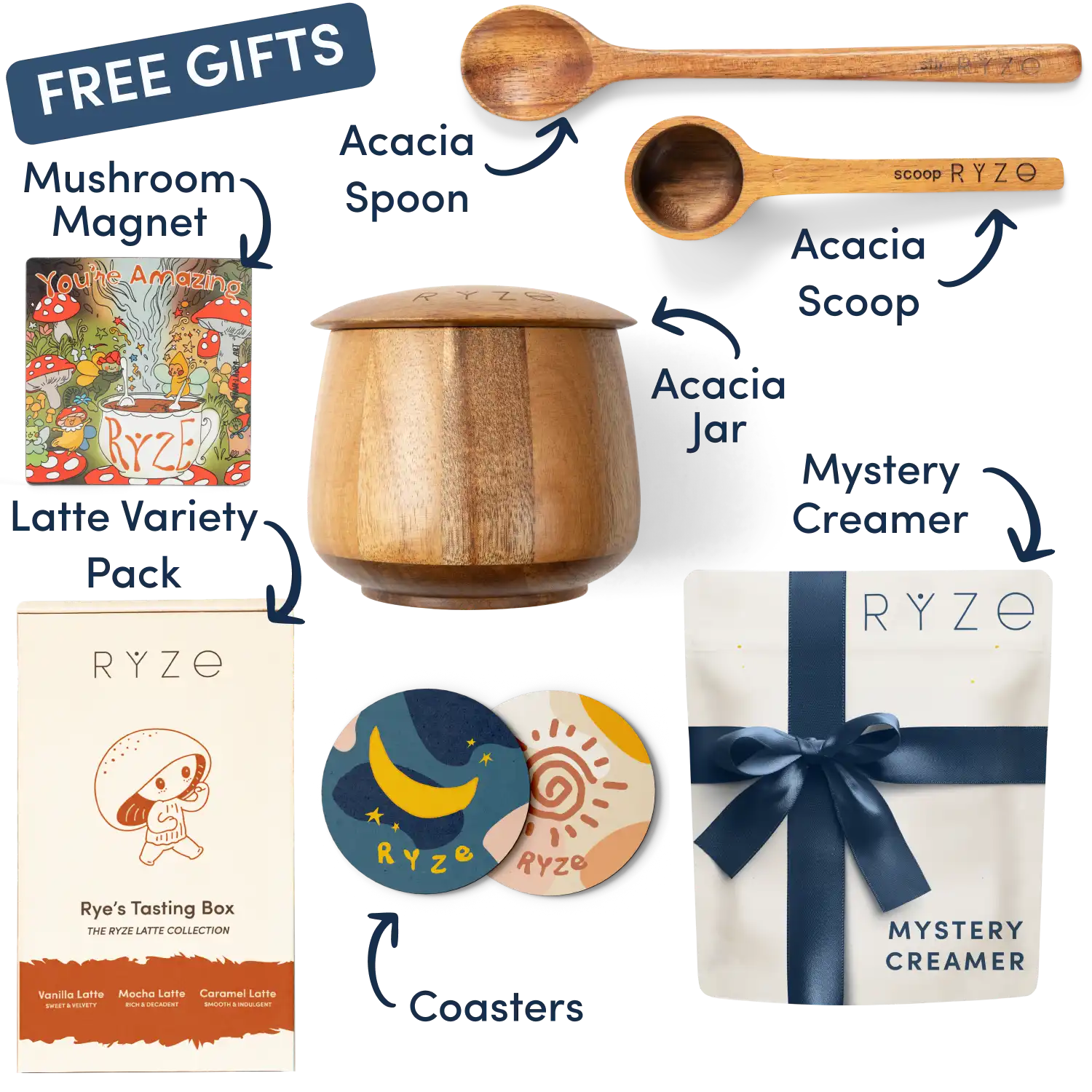 Collection of Ryze products including cocoa, spoon, scoop, coasters, and a mushroom-themed magnet.