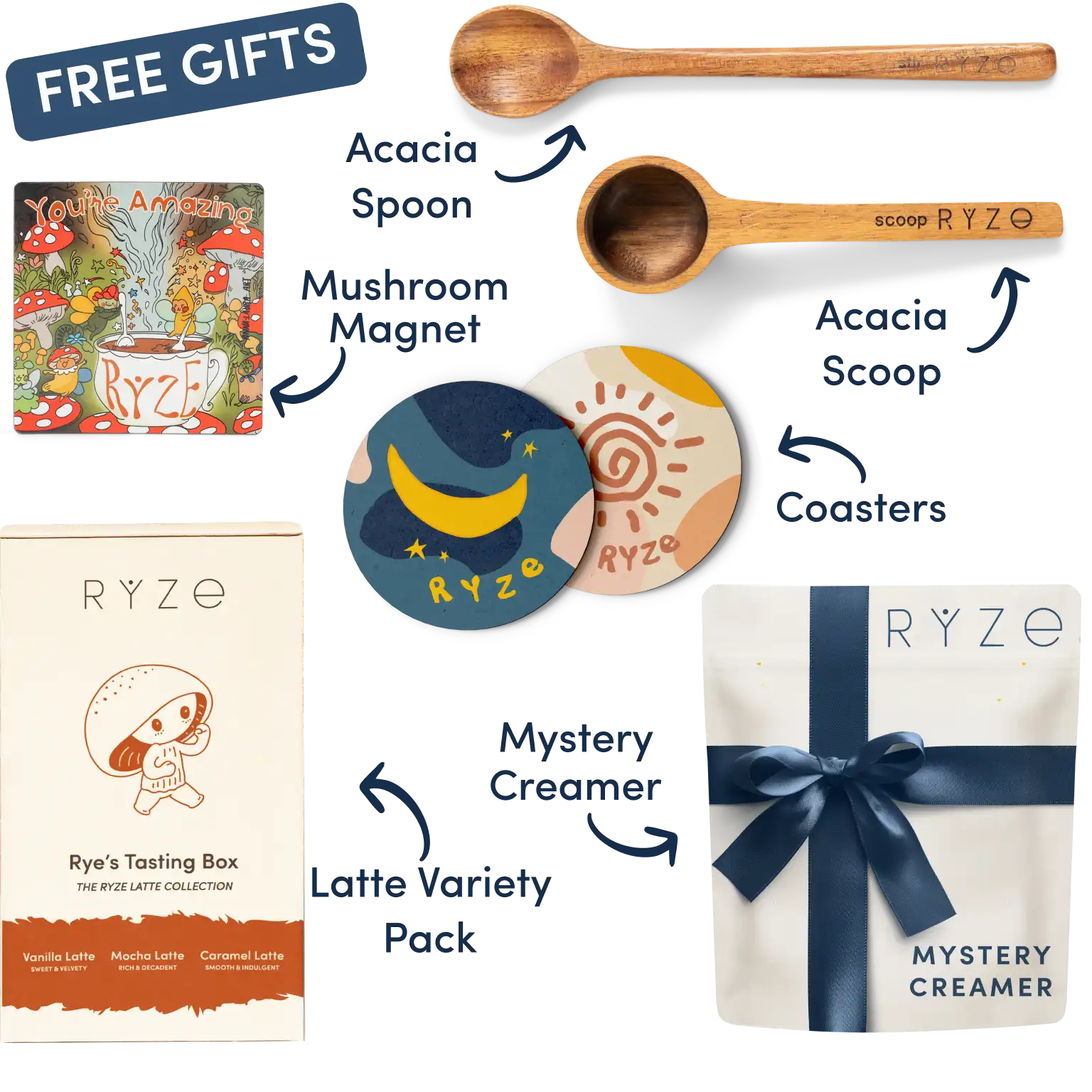 Collection of Ryze products including hot cocoa, wooden utensils, coasters, and a mushroom-themed magnet.