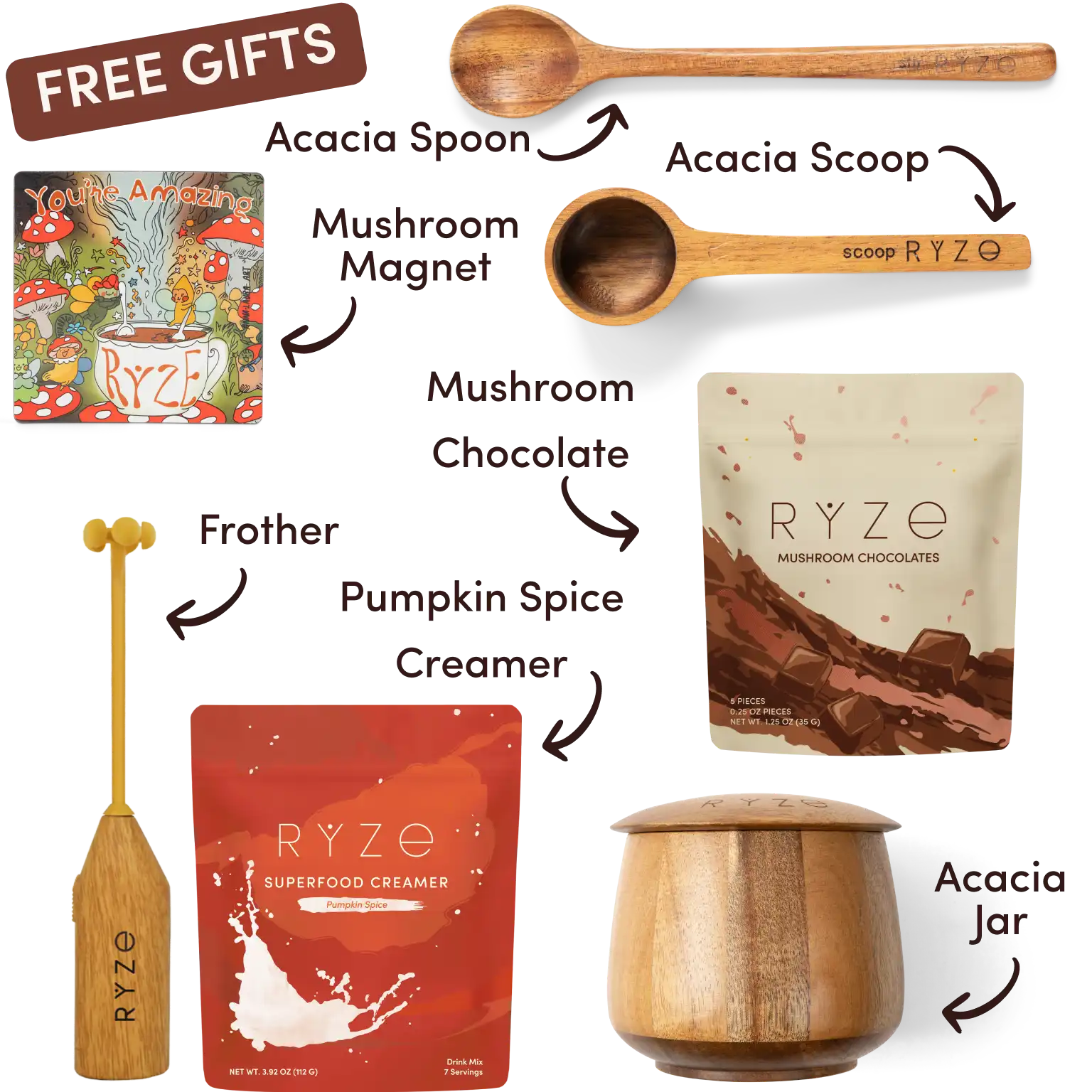Ryze superfood creamer, acacia spoon, scoop, jar, mushroom magnet, and recipe booklet with 'Free Gifts' label.