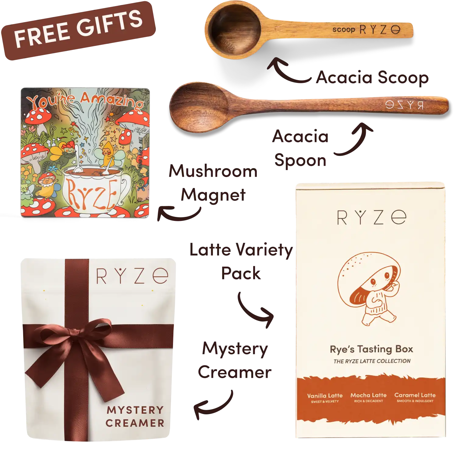 Ryze superfood creamer, acacia spoon, scoop, jar, mushroom magnet, and recipe booklet with 'Free Gifts' label.