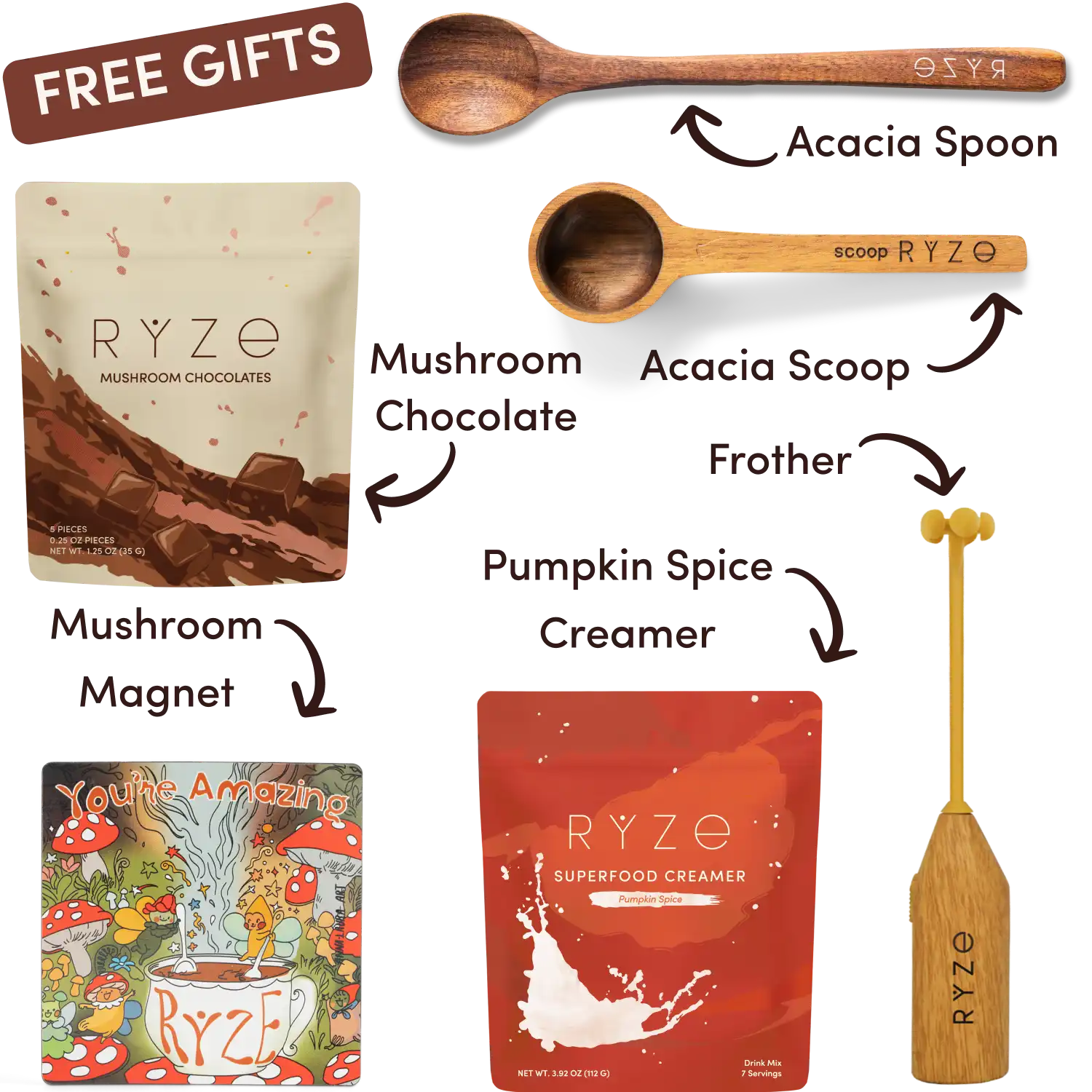 Wooden acacia scoop and spoon with a colorful mushroom-themed magnet.