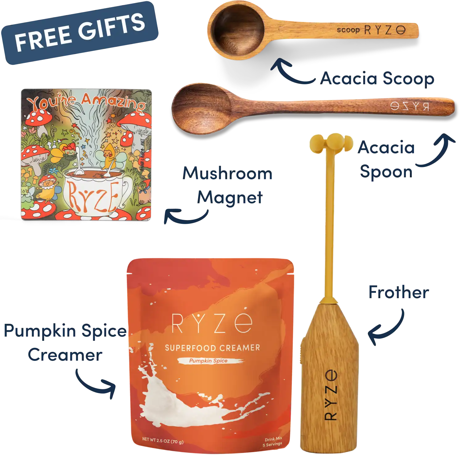 Collection of Ryze products including hot cocoa, wooden utensils, coasters, and a mushroom-themed magnet.