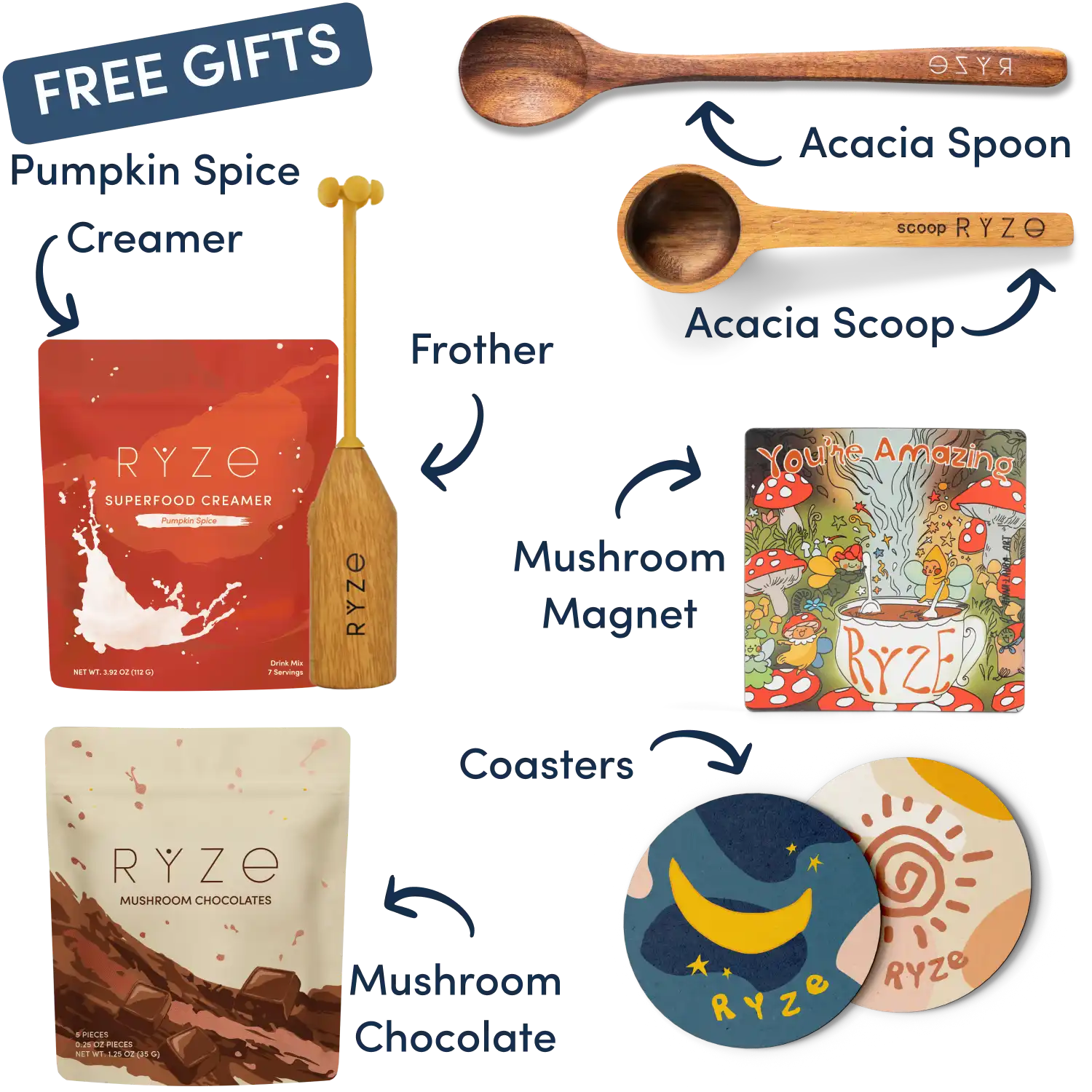 Collection of Ryze products including hot cocoa, wooden utensils, coasters, and a mushroom-themed magnet.