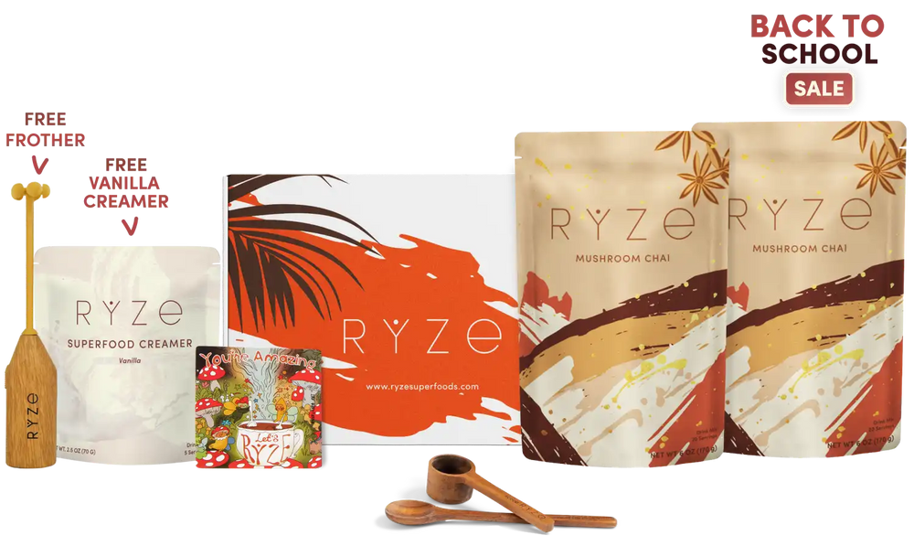 RYZE Mushroom Chai gift set featuring two pouches of Mushroom Chai, a box of vanilla creamer, a free frother, and two wooden spoons, with a 'Back to School Sale' banner on a white background.
