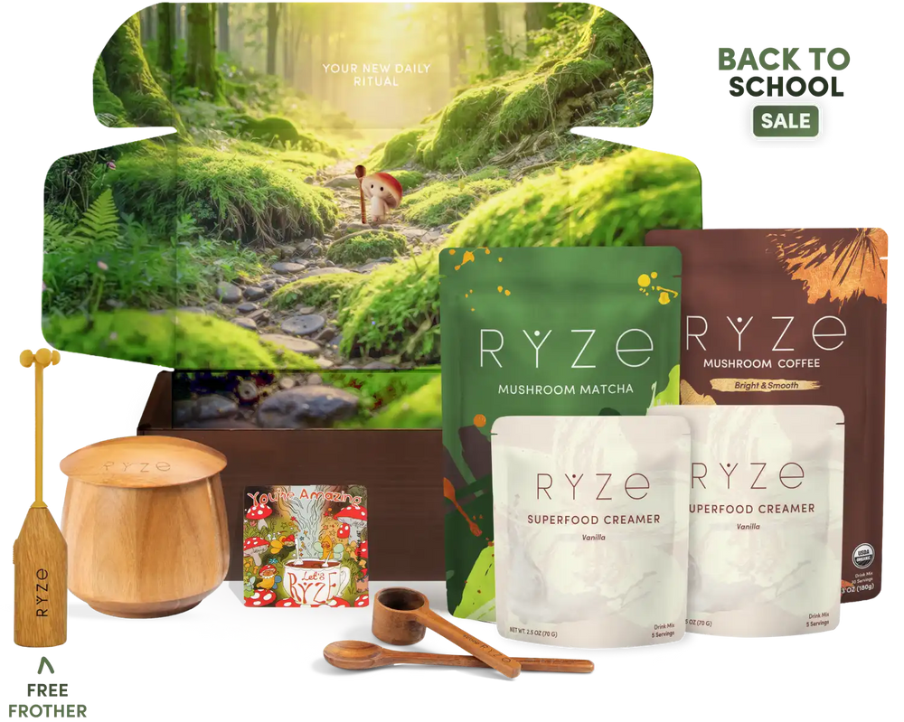 RYZE Back to School Sale gift set featuring mushroom matcha and mushroom coffee in pouches, a wooden jar, wooden scoop and spoon, a wooden frother, and a small illustrated magnet, arranged in front of a large forest-themed box on a white background with 'BACK TO SCHOOL SALE' text.