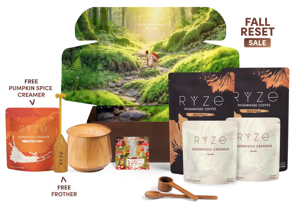 A RYZE gift set featuring mushroom coffee pouches, superfood creamer pouches, wooden spoons, a wooden frother, and a small spice jar, arranged in front of a forest-themed gift box with a 'Fall Reset Sale' banner on a white background.