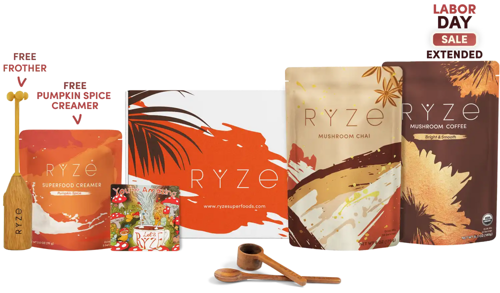 Ryze Labor Day Sale bundle featuring mushroom chai, mushroom coffee, superfood creamer, free frother, and free pumpkin spice creamer, with promotional text on a white background.