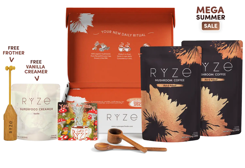 RYZE coffee gift set featuring an open orange box, two black and copper coffee pouches, a white creamer pouch, a small illustrated sachet, wooden measuring tools, and a 'MEGA SUMMER SALE' badge on a white background.