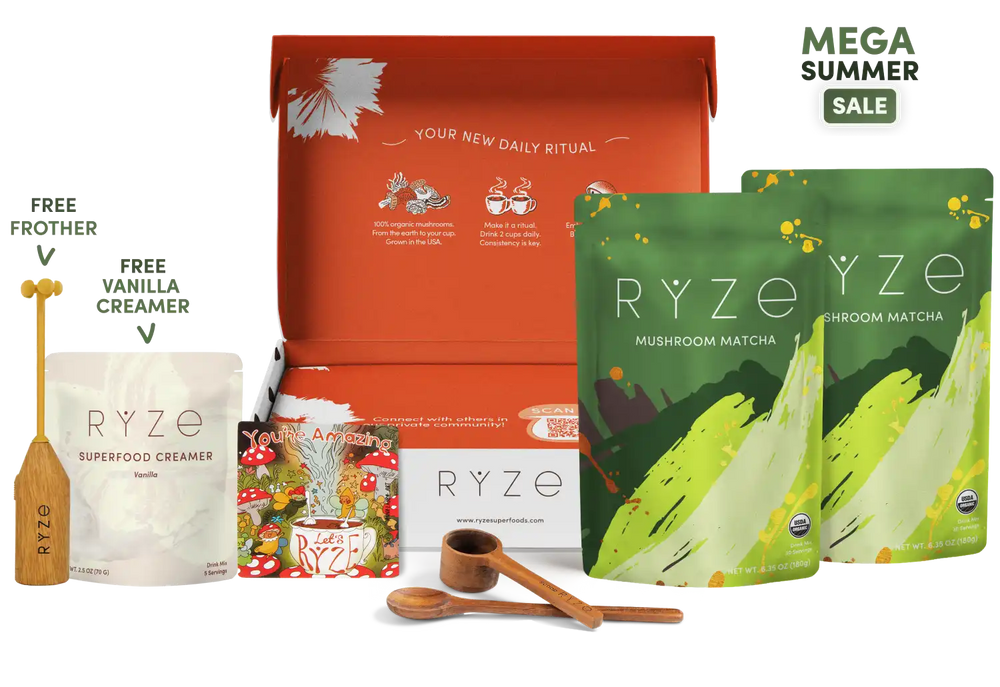 Ryze summer bundle featuring a large orange gift box, two green mushroom matcha pouches, a creamer pouch, wooden measuring tools, and a 'Mega Summer Sale' badge on a white background.
