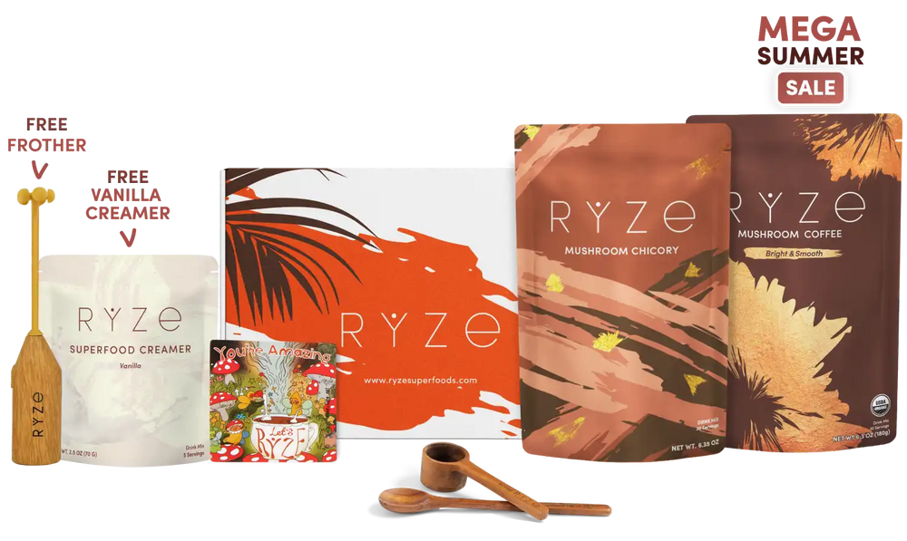 Ryze Summer Sale bundle featuring RYZE Mushroom Coffee, RYZE Mushroom Chicory, a free frother, and a free vanilla creamer. The products are arranged on a clean white background with a 'MEGA SUMMER SALE' banner in the top right corner.
