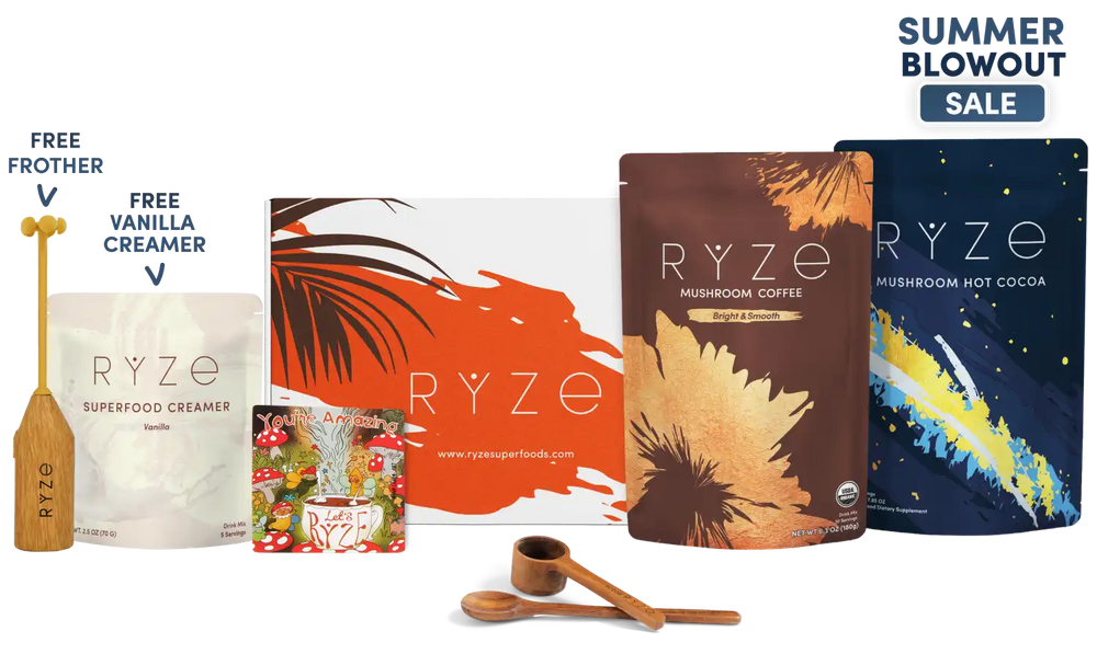 A RYZE summer gift set featuring mushroom coffee and hot cocoa pouches, a vanilla creamer pouch, a wooden frother, and two wooden spoons, arranged on a white background with 'MEGA SUMMER SALE' text in the top right.