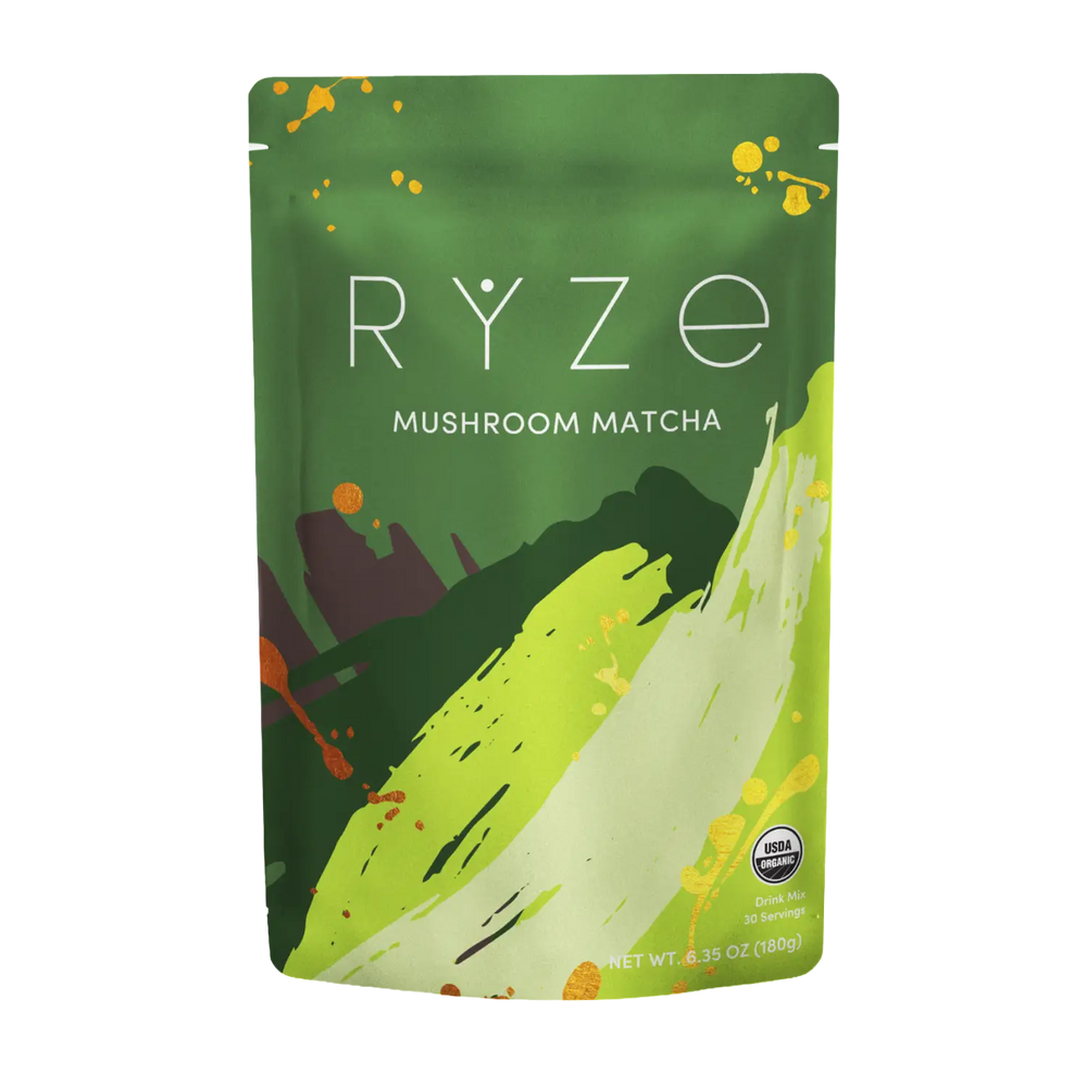 Green package of RYZE Mushroom Matcha on a white background